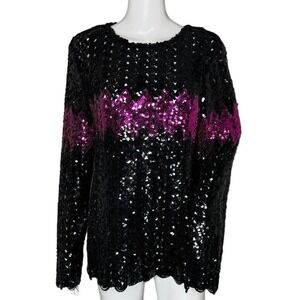 Vintage Sweater Womens 2X Black Purple Allover Sequins Shimmer Zig‎ Zag Party